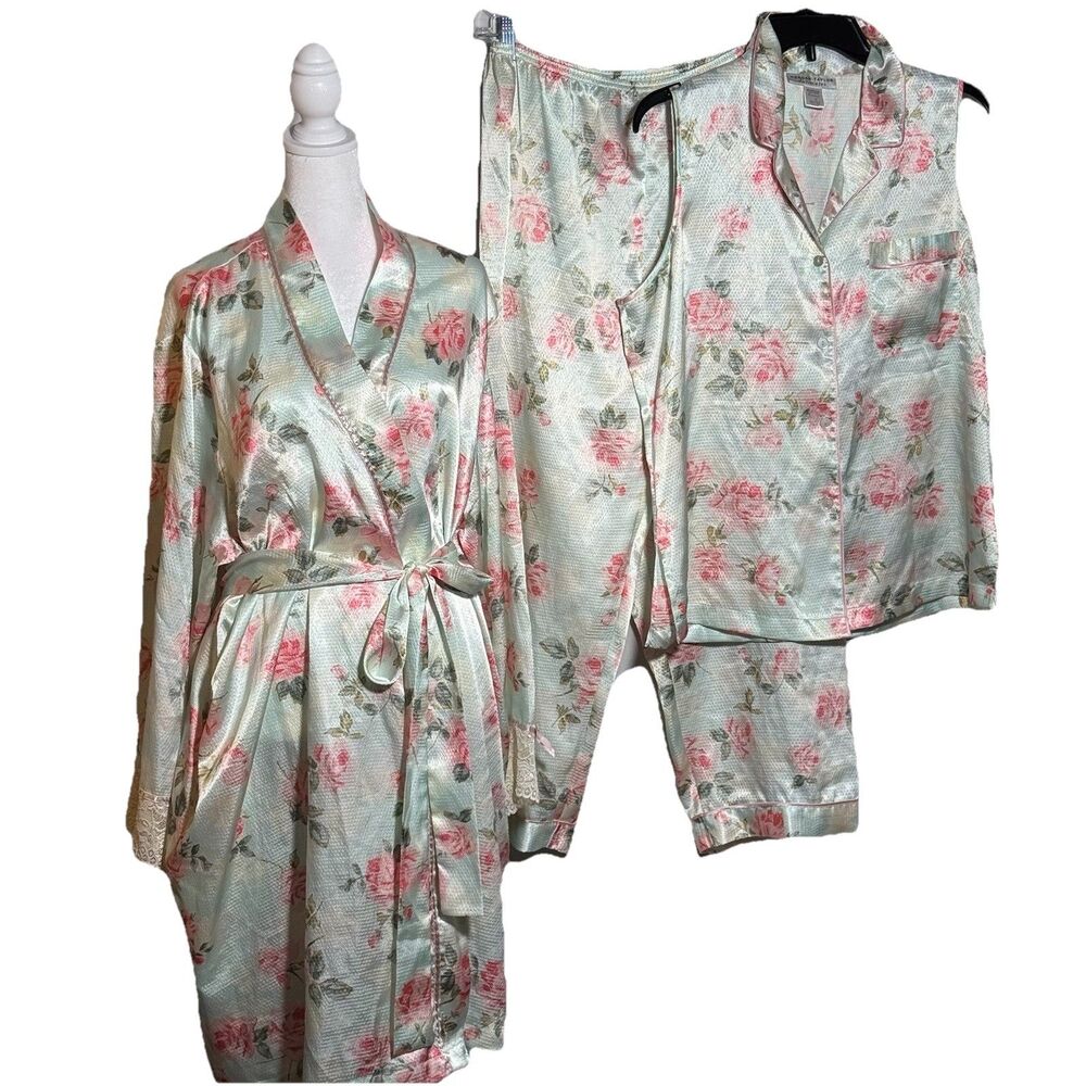 Morgan Taylor Intimates 3 Pc Pajama Set Robe Sleeveless Top Pants Floral Women L